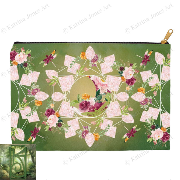 Crystal With Geometric Green Floral Design For Summer Litha Accessory Pouches Vintage Witch Wicca