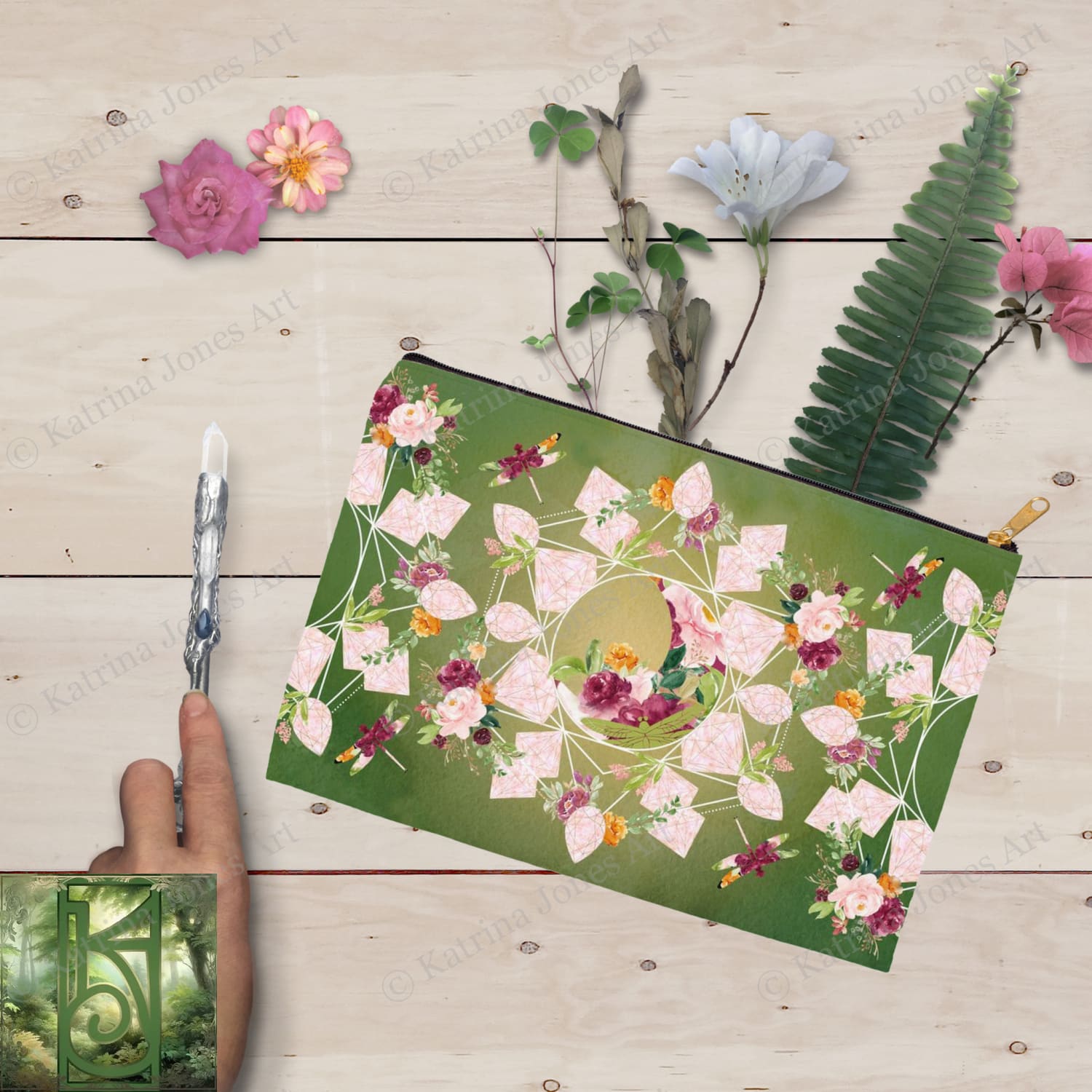 Crystal With Geometric Green Floral Design For Summer Litha Accessory Pouches Vintage Witch Wicca