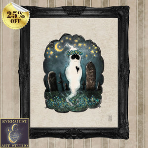 Cute Ghost Art Print Whimsical Quirky Macabre Halloween Illustration Painting