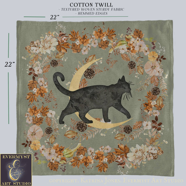 The image is a square with a black cat silhouette on a floral background, surrounded by autumn leaves and flowers.