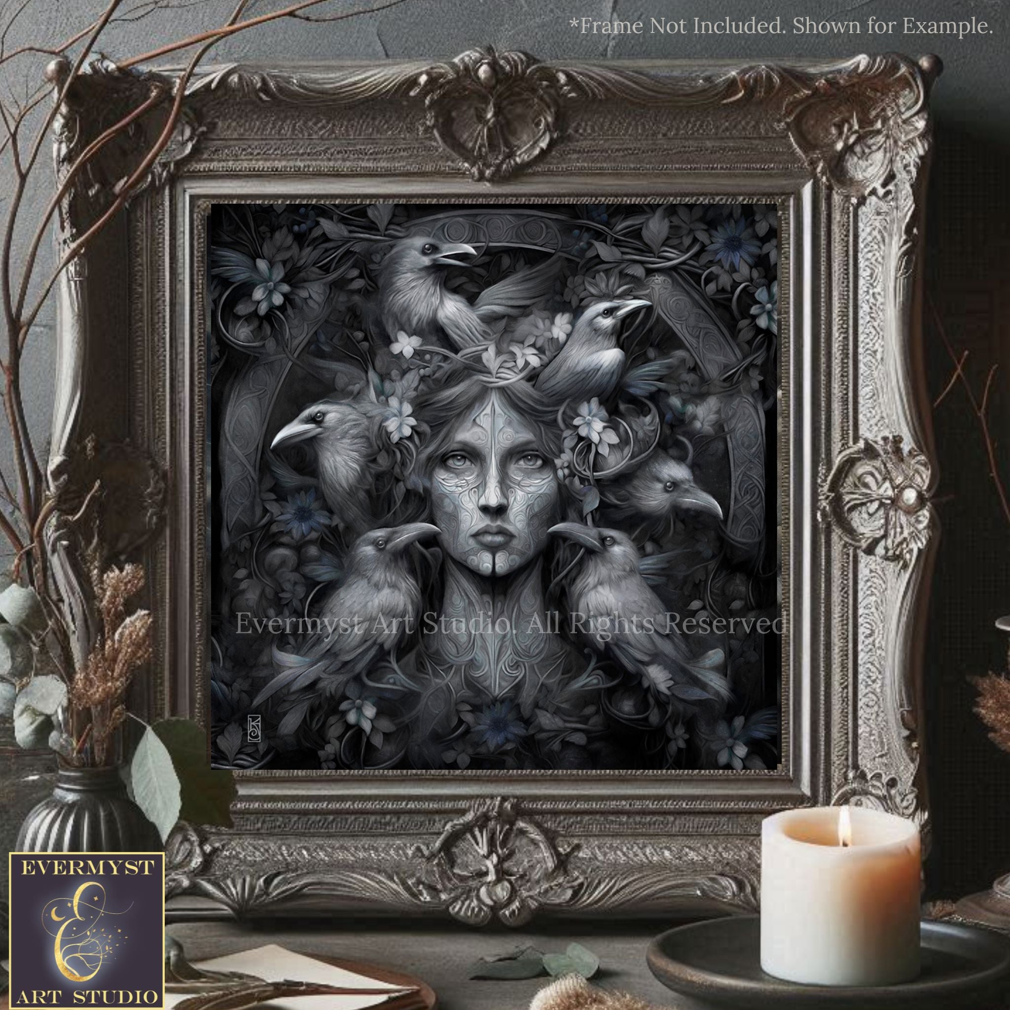 a framed artwork depicting a woman surrounded by a flock of birds, with intricate floral and ornamental designs. The artwork is displayed on a wooden surface, with a lit candle and some decorative branches in the background.
