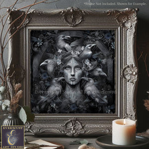 a framed artwork depicting a woman surrounded by a flock of birds, with intricate floral and ornamental designs. The artwork is displayed on a wooden surface, with a lit candle and some decorative branches in the background.
