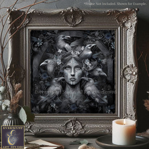a framed artwork depicting a woman surrounded by a flock of birds, with intricate floral and ornamental designs. The artwork is displayed on a wooden surface, with a lit candle and some decorative branches in the background.