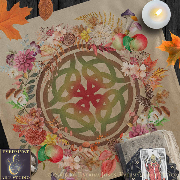 The image is a vibrant and colorful collage featuring a Celtic knot design surrounded by various autumn-themed elements such as flowers, leaves, and mushrooms. The overall composition is visually appealing and creates a sense of harmony between the Celtic knot and the natural elements.