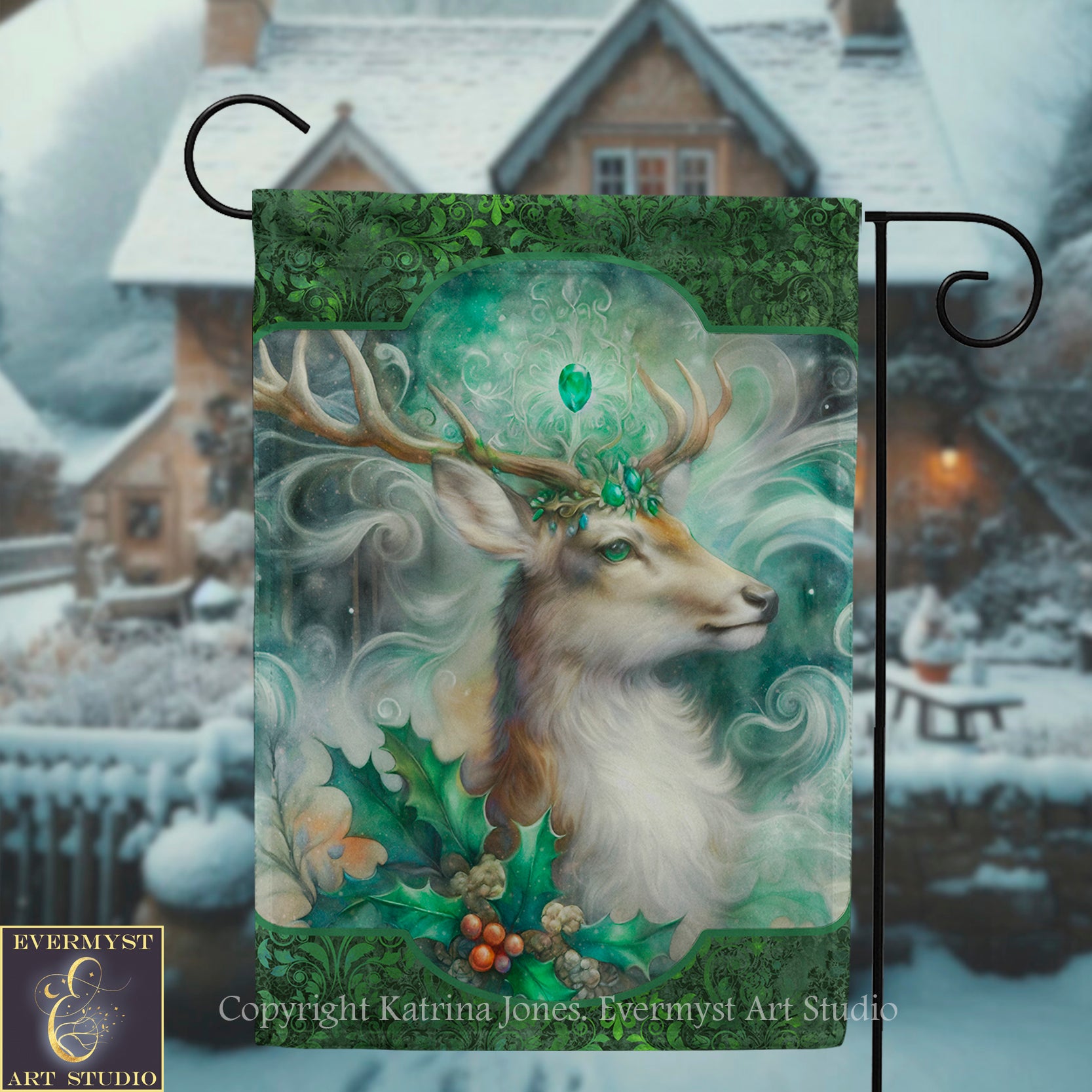 A vibrant and detailed illustration of a deer with antlers, adorned with a crown of leaves and berries, set against a snowy winter landscape with a quaint house in the background.
