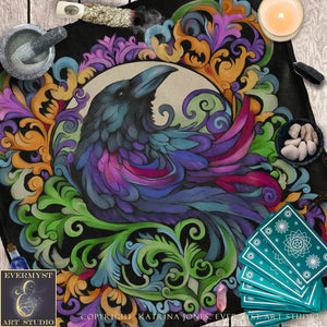 a vibrant, colorful illustration of a bird, possibly a raven, surrounded by intricate, swirling patterns and designs. The bird is the central focus of the image, with a variety of colors and shapes surrounding it. The background is a dark, textured surface, which contrasts with the bird and accentuates its details. The image also includes various objects, such as a candle, a bowl, and a deck of playing cards, adding to the overall composition and visual interest of the scene.