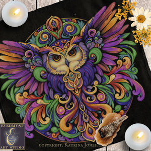 The image is a vibrant and intricate illustration of an owl, featuring a colorful and detailed design with swirling patterns and shapes in shades of purple, green, yellow, and orange. The owl is surrounded by flowers and candles, creating a visually striking and artistic composition.