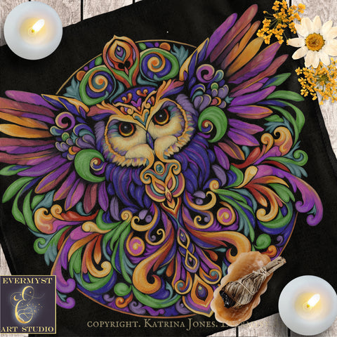 The image is a vibrant and intricate illustration of an owl, featuring a colorful and detailed design with swirling patterns and shapes in shades of purple, green, yellow, and orange. The owl is surrounded by flowers and candles, creating a visually striking and artistic composition.