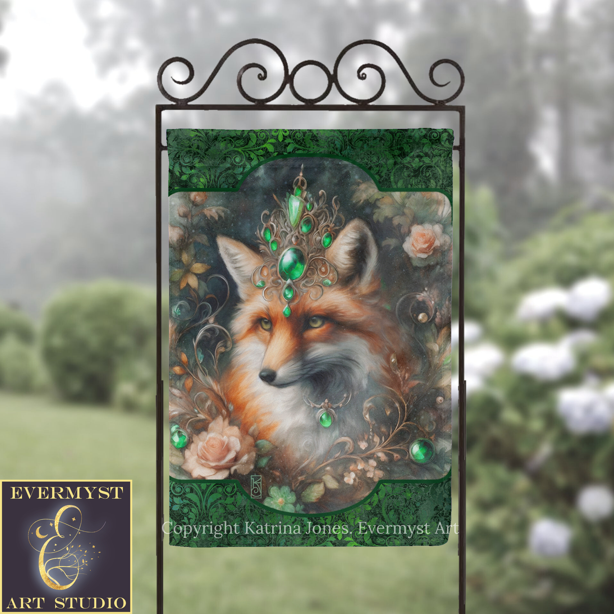 a large, ornate banner with a fox's face on it, surrounded by flowers and green foliage.