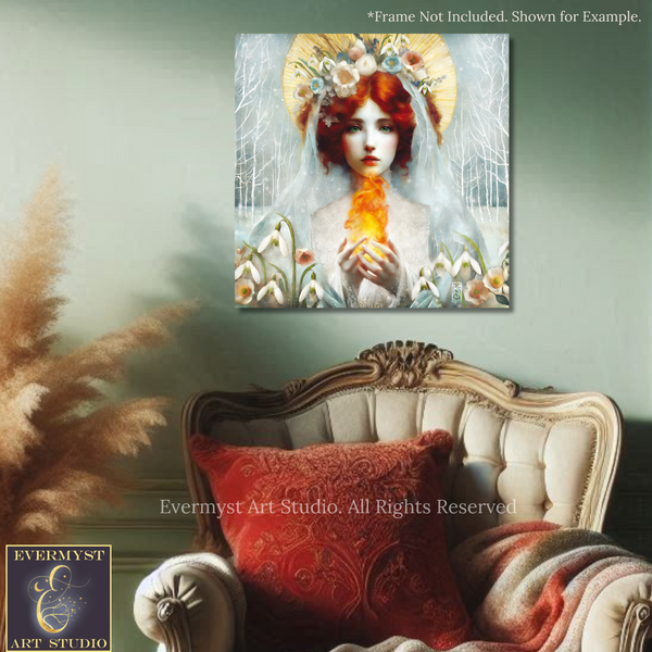 a large, ornate chair with a red pillow on it, set against a green wall. Above the chair, there is a framed artwork depicting a woman with red hair and a white dress, holding a bouquet of flowers. The artwork is framed by a gold border and is displayed on the wall.