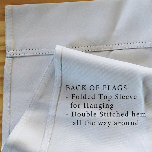 a white fabric with a folded top sleeve and a double-stitched hem, indicating that it is designed to be hung all the way around.