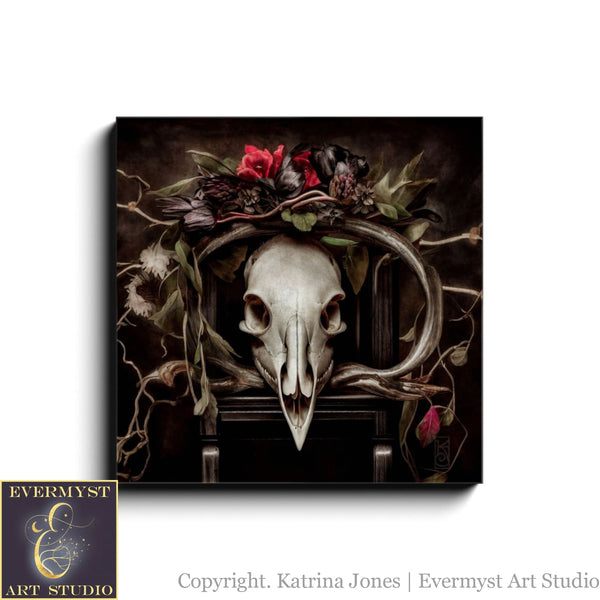 Dark Academia Still Life Art - Vintage Gothic Deer Skull And Floral Painting 24 X Canvas