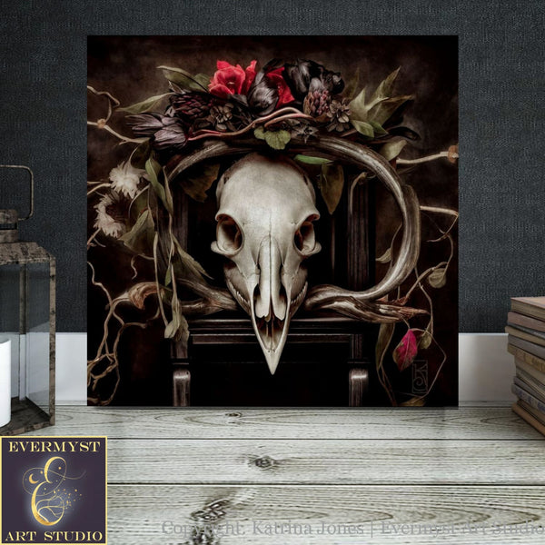 Dark Academia Still Life Art - Vintage Gothic Deer Skull And Floral Painting