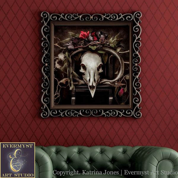 Dark Academia Still Life Art - Vintage Gothic Deer Skull And Floral Painting