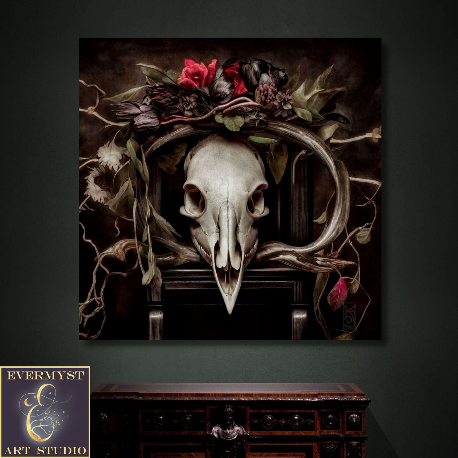 Dark Academia Still Life Art - Vintage Gothic Deer Skull And Floral Painting