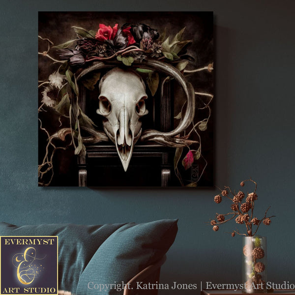 Dark Academia Still Life Art - Vintage Gothic Deer Skull And Floral Painting