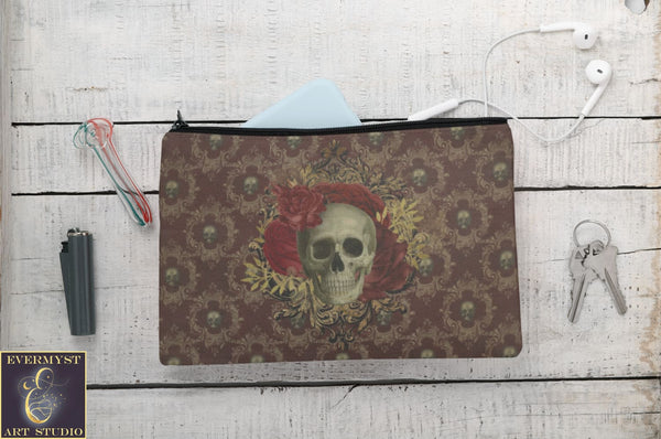 Dark Beauty Skull Roses Accessory Zippered Pouch Purse Tarot Oracle Deck Makeup Zip Cosmetic Bag