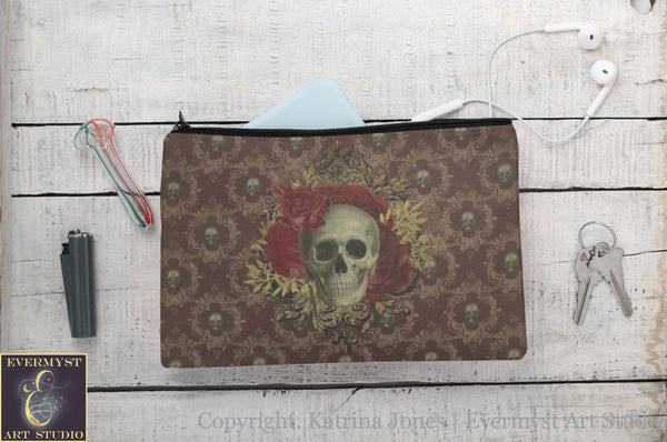 Dark Beauty Skull Roses Accessory Zippered Pouch Purse Tarot Oracle Deck Makeup Zip Cosmetic Bag