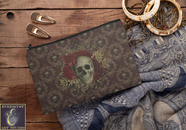 Dark Beauty Skull Roses Accessory Zippered Pouch Purse Tarot Oracle Deck Makeup Zip Cosmetic Bag
