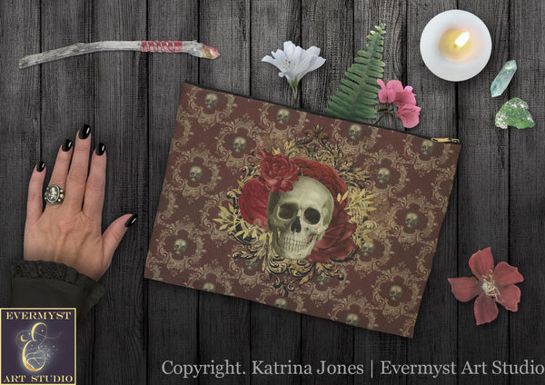 Dark Beauty Skull Roses Accessory Zippered Pouch Purse Tarot Oracle Deck Makeup Zip Cosmetic Bag