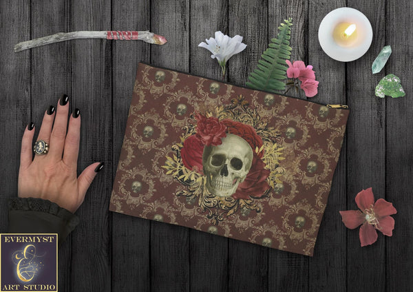 Dark Beauty Skull Roses Accessory Zippered Pouch Purse Tarot Oracle Deck Makeup Zip Cosmetic Bag