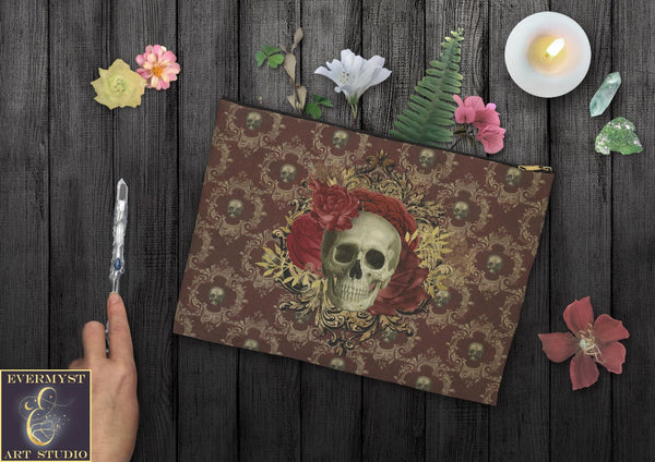 Dark Beauty Skull Roses Accessory Zippered Pouch Purse Tarot Oracle Deck Makeup Zip Cosmetic Bag