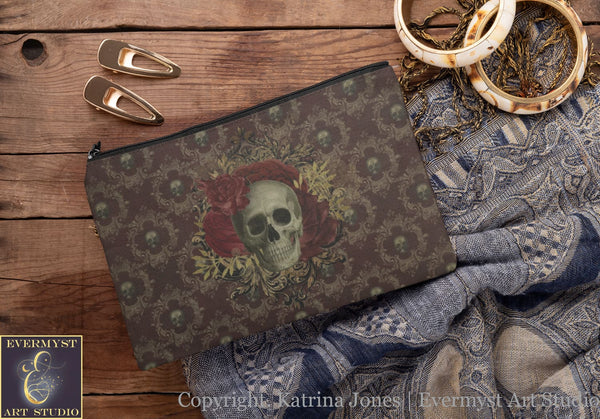 Dark Beauty Skull Roses Accessory Zippered Pouch Purse Tarot Oracle Deck Makeup Zip Cosmetic Bag