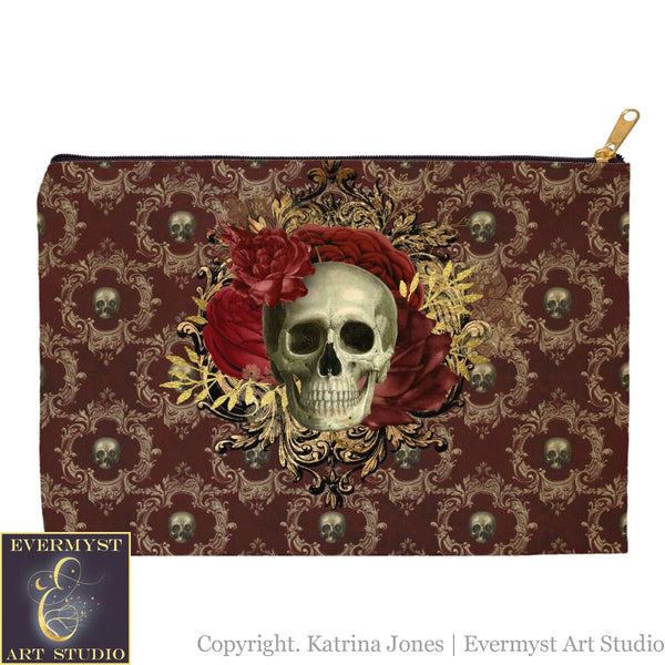 Dark Beauty Skull Roses Accessory Zippered Pouch Purse Tarot Oracle Deck Makeup Zip Cosmetic Bag