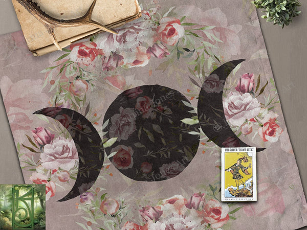 Triple Moon Altar Cloth - Wicca Pagan Floral Decor For Tarot Or Rituals 22X22 Inch Twill Square