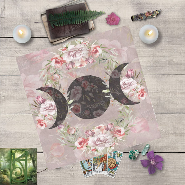 Triple Moon Altar Cloth - Wicca Pagan Floral Decor For Tarot Or Rituals Square