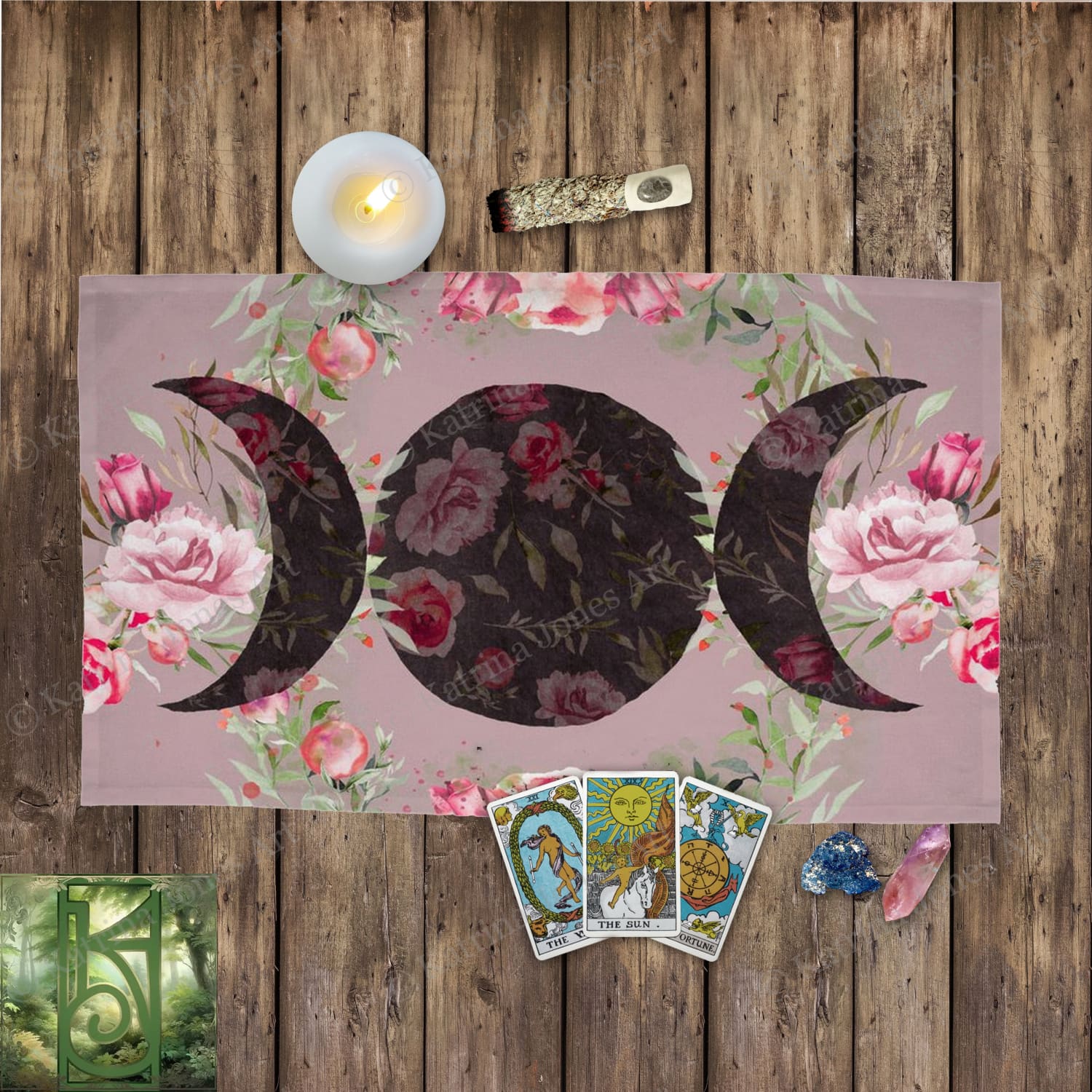 Rose Triple Moon Altar Cloth Wicca Witch Flower Tarot Cotton Twill Rec