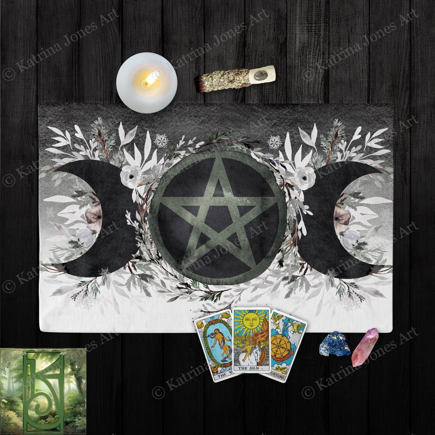 Winter Moon Pentacle Altar Cloth - Witch Pagan Tarot Cotton Twill Rec