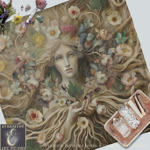 a painting of a woman surrounded by flowers