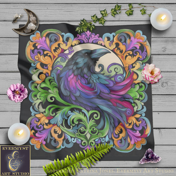 a vibrant, colorful illustration of a bird, possibly a raven, surrounded by intricate floral designs and patterns. The bird is depicted in shades of purple, blue, and green, with its wings spread wide. The background is a dark, ornate design with a mix of orange, green, and purple elements. The image also includes various decorative elements such as candles, flowers, and crystals, creating a visually appealing and artistic composition.