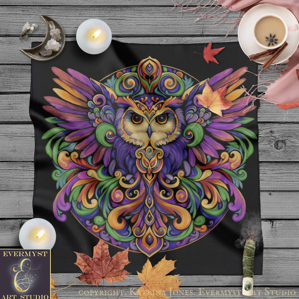 a vibrant, colorful owl design with intricate patterns and designs, surrounded by various objects such as candles, leaves, and a cup of coffee.