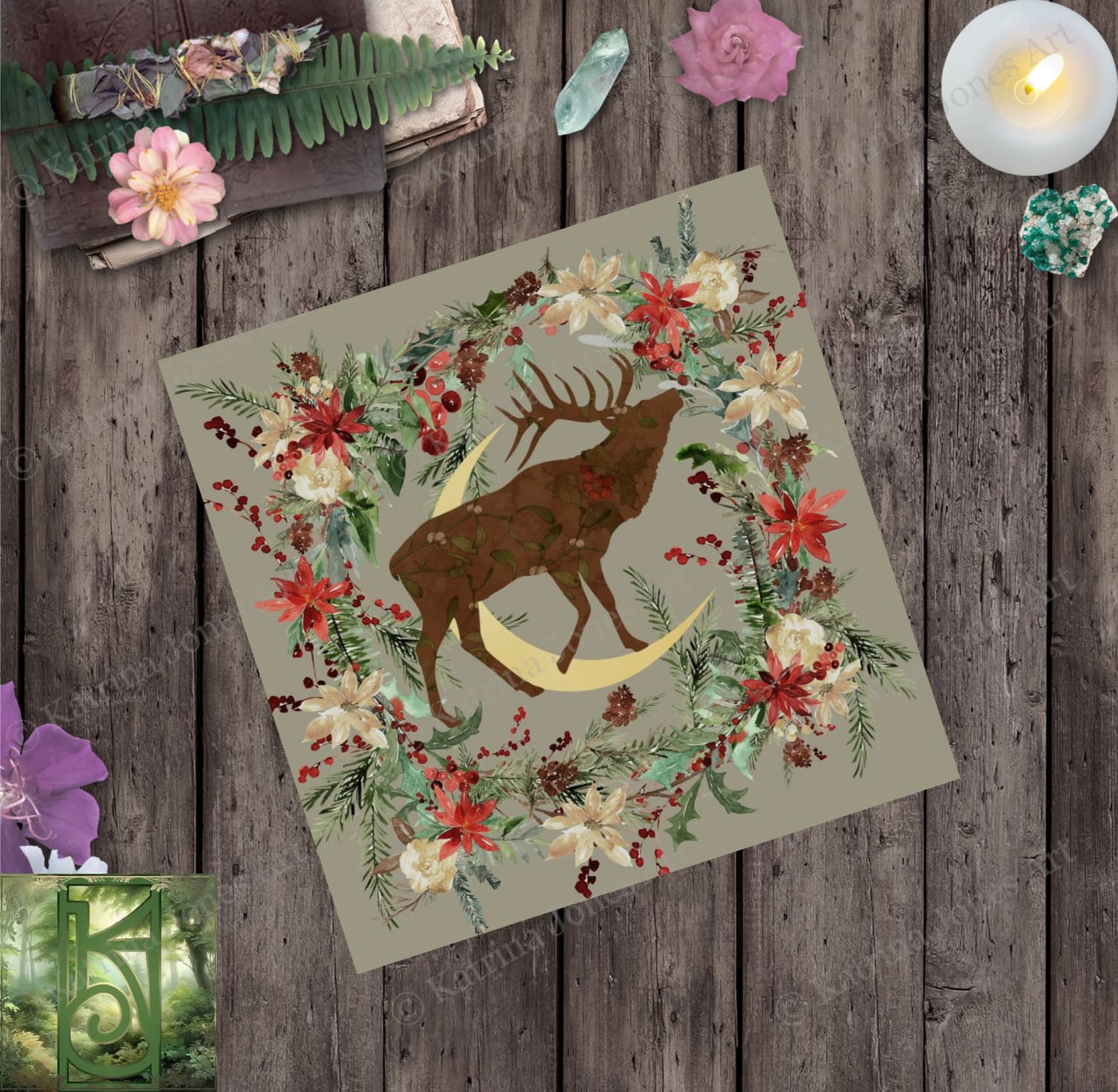 Deer Moon Altar Cloth - Yule Winter Fall Nature Decoration Tarot Mat Square