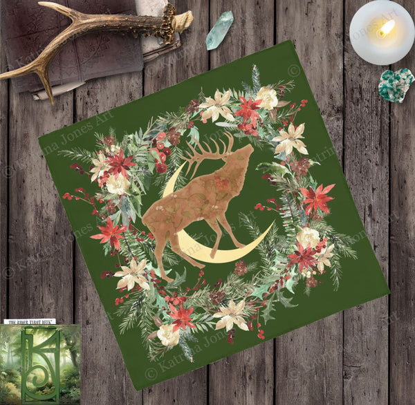 Woodland Deer Altar Cloth Tarot Mat - Yule Winter Decor Square