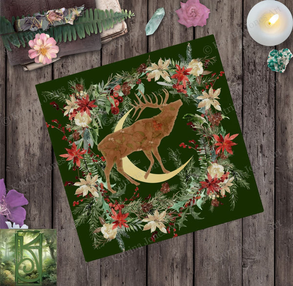 Woodland Deer Altar Cloth Tarot Mat - Yule Winter Decor Square
