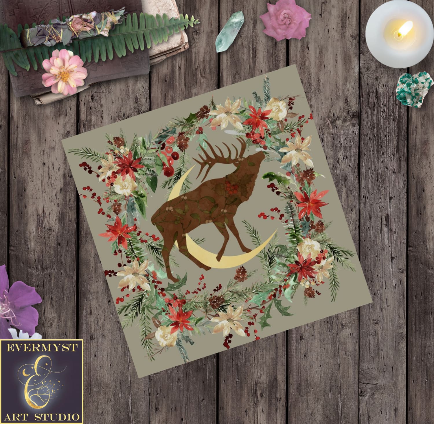 Deer Moon Altar Cloth - Yule Winter Fall Nature Decoration Tarot Mat Square