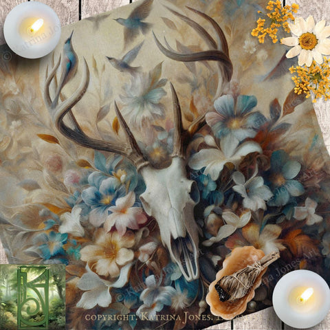 a painting of a deer skull with flowers on it