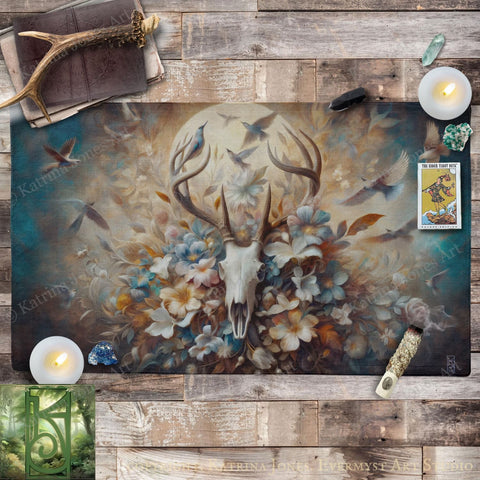 a painting of a deer skull with flowers and birds