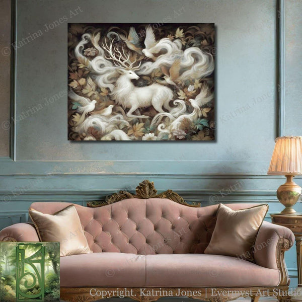 a living room with a couch and a painting on the wall