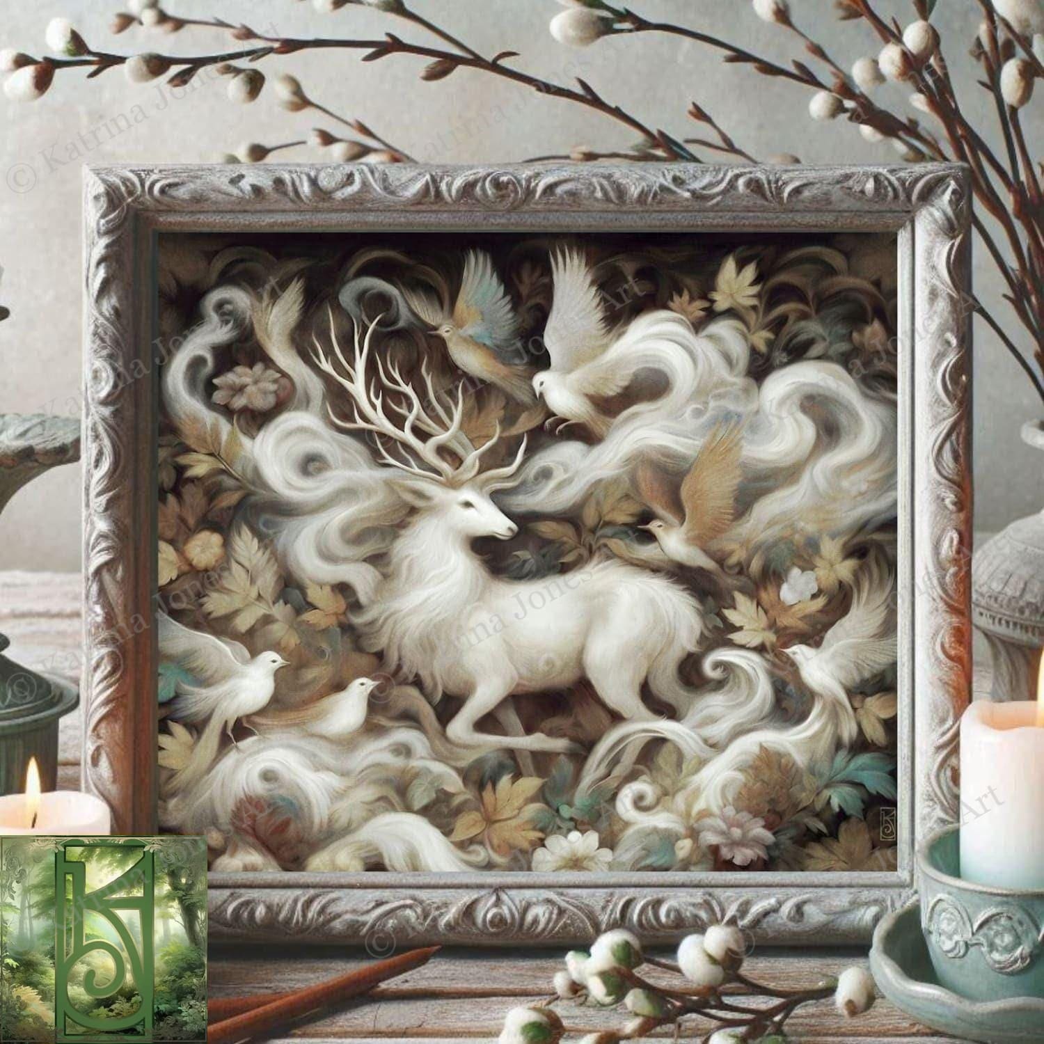 a painting of a deer surrounded by birds and flowers