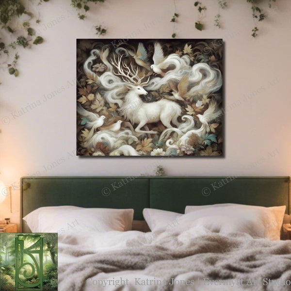 a bed with a green headboard and a painting on the wall