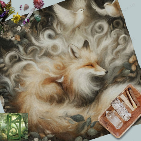 a painting of a fox laying on a bed of flowers