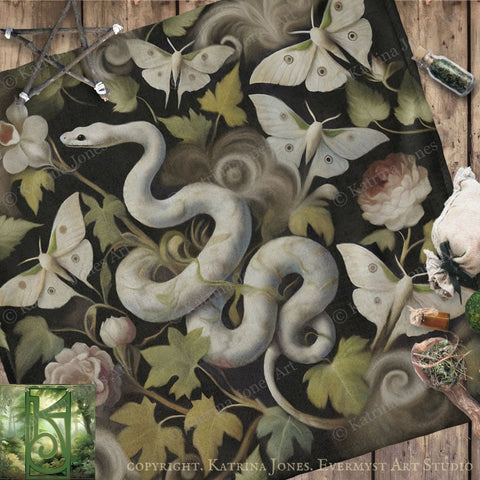 a painting of a snake surrounded by flowers and butterflies