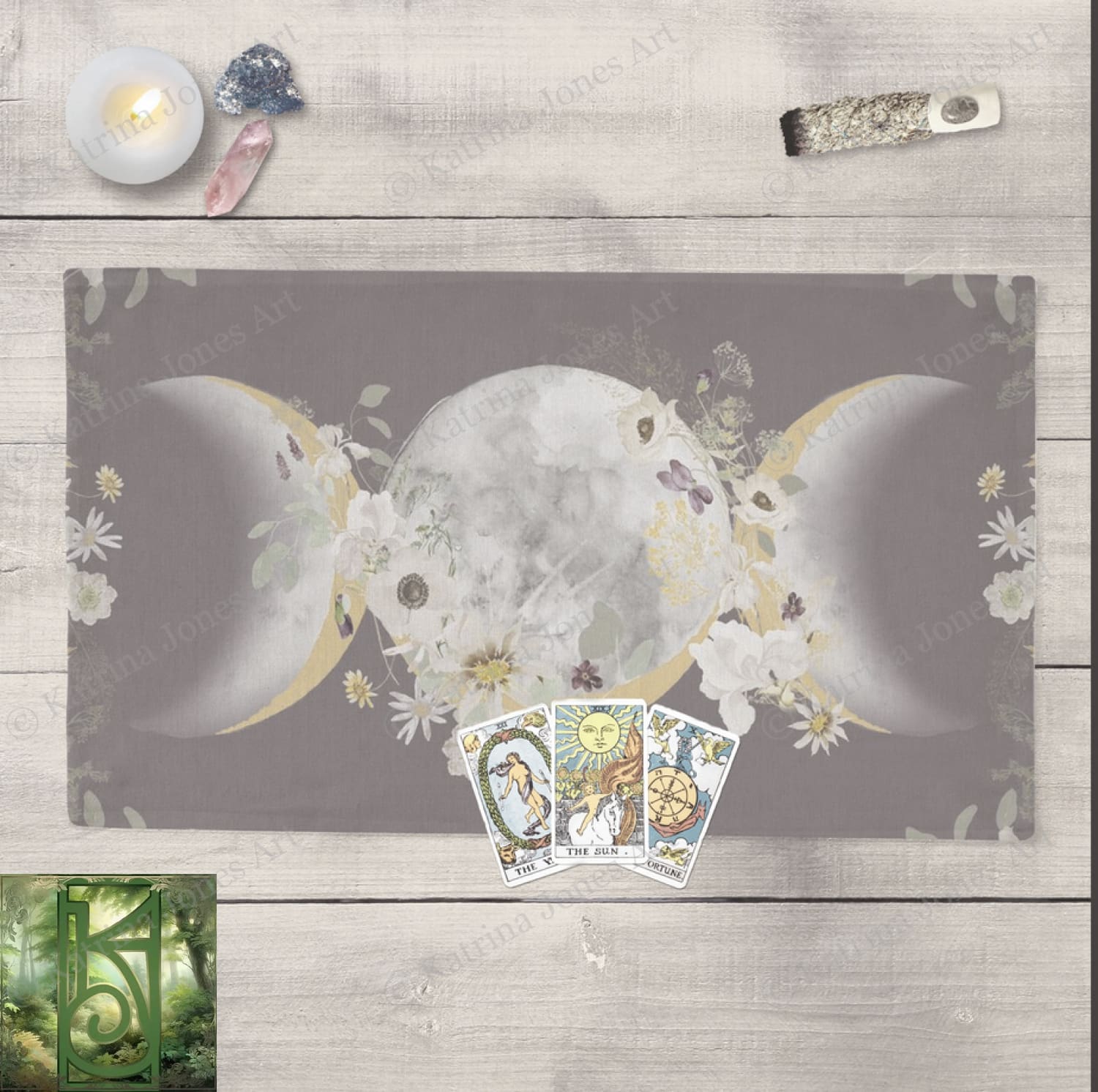 Triple Moon Altar Cloth - Purple Soft Flowers Wicca Pagan Design Rec