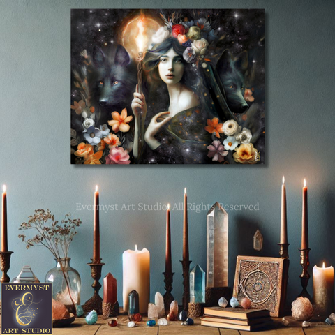 a woman with a crown of flowers, surrounded by a mystical and enchanting atmosphere. The scene includes a wolf, flowers, candles, crystals, and books, creating a sense of magic and wonder.
