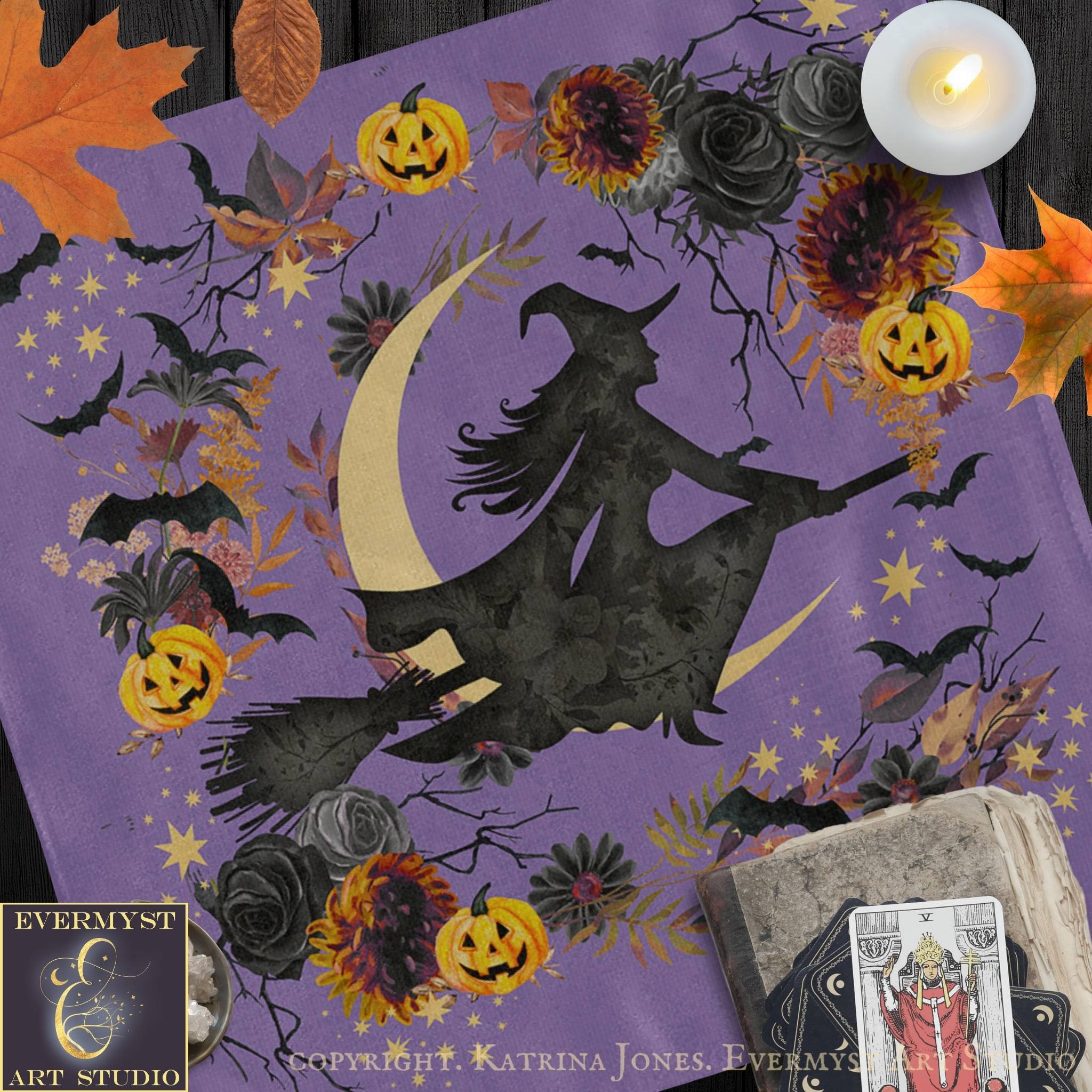 The image is a Halloween-themed collage featuring a witch on a broomstick, surrounded by autumn leaves, pumpkins, and bats.