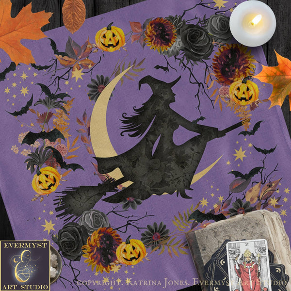 The image is a Halloween-themed collage featuring a witch on a broomstick, surrounded by autumn leaves, pumpkins, and bats.